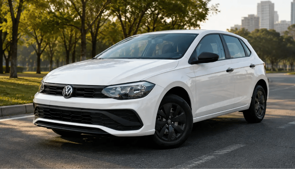 Volkswagen Polo Track 2024 branco em cenário urbano arborizado