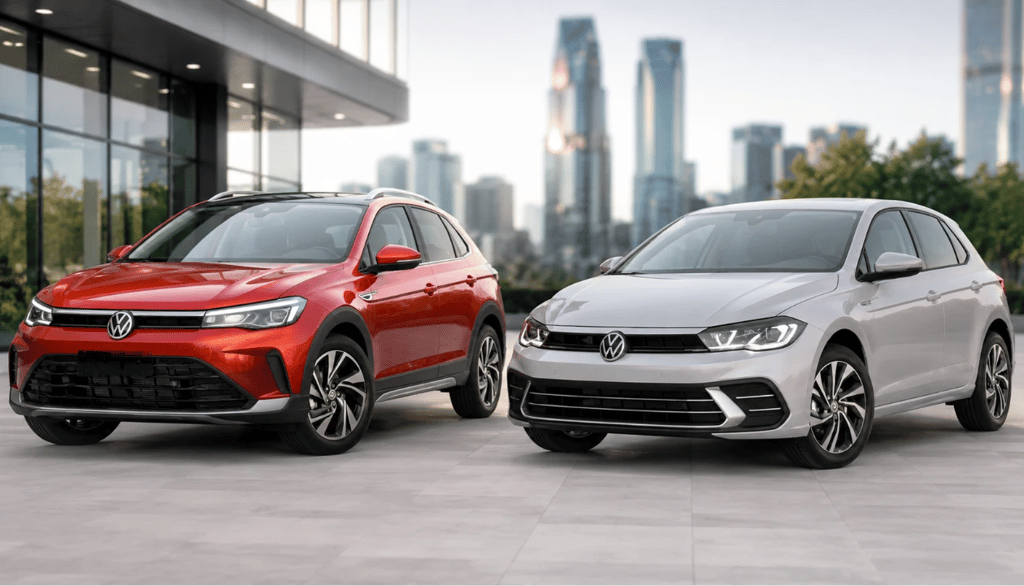 Volkswagen Polo e Nivus lado a lado em showroom externo