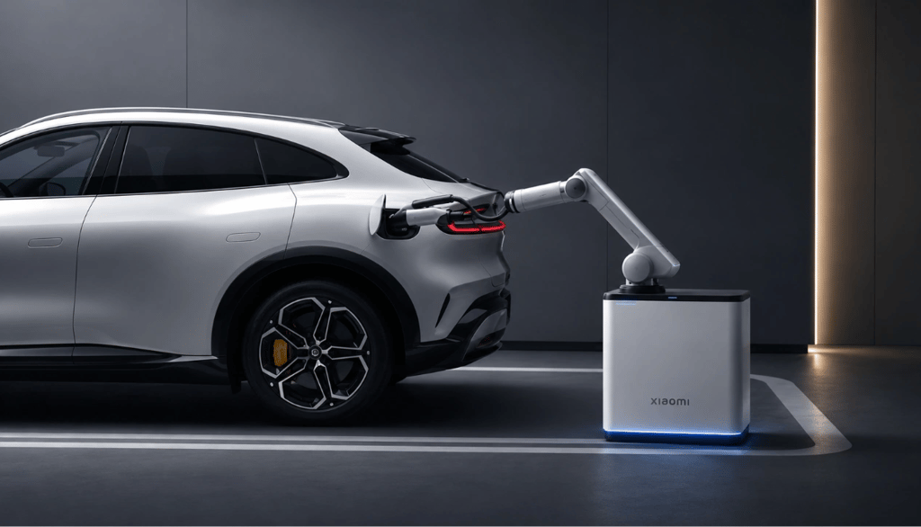 Robô da Xiaomi conecta carregador automaticamente a carro elétrico estacionado