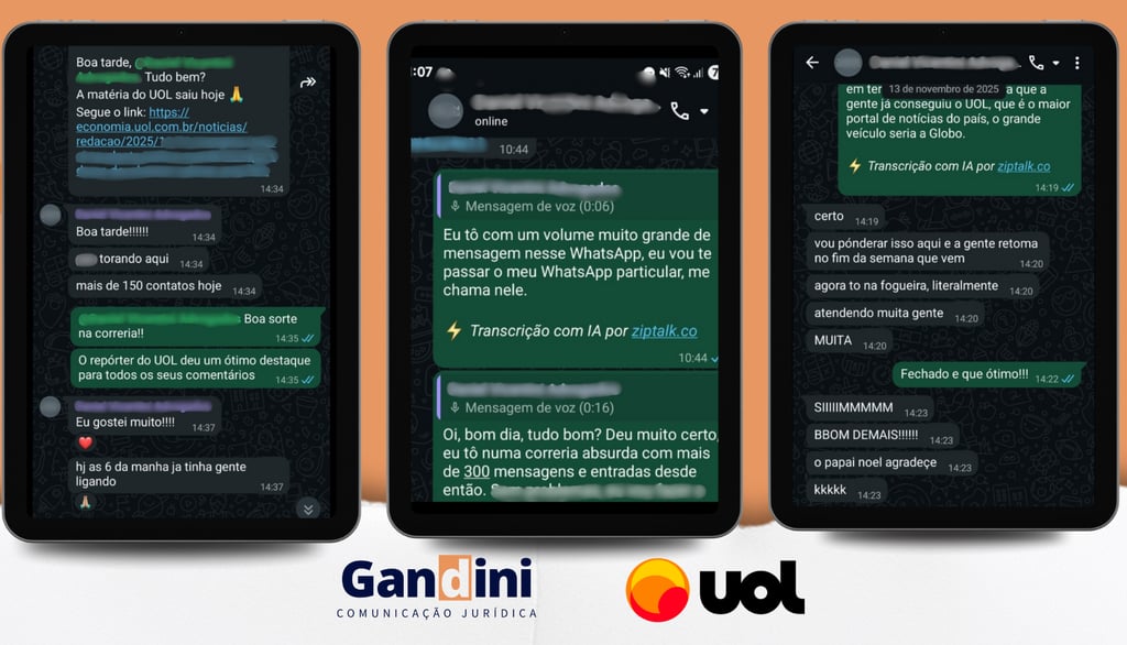 Prints no celular de advogado relatando ter conquistado clientes
