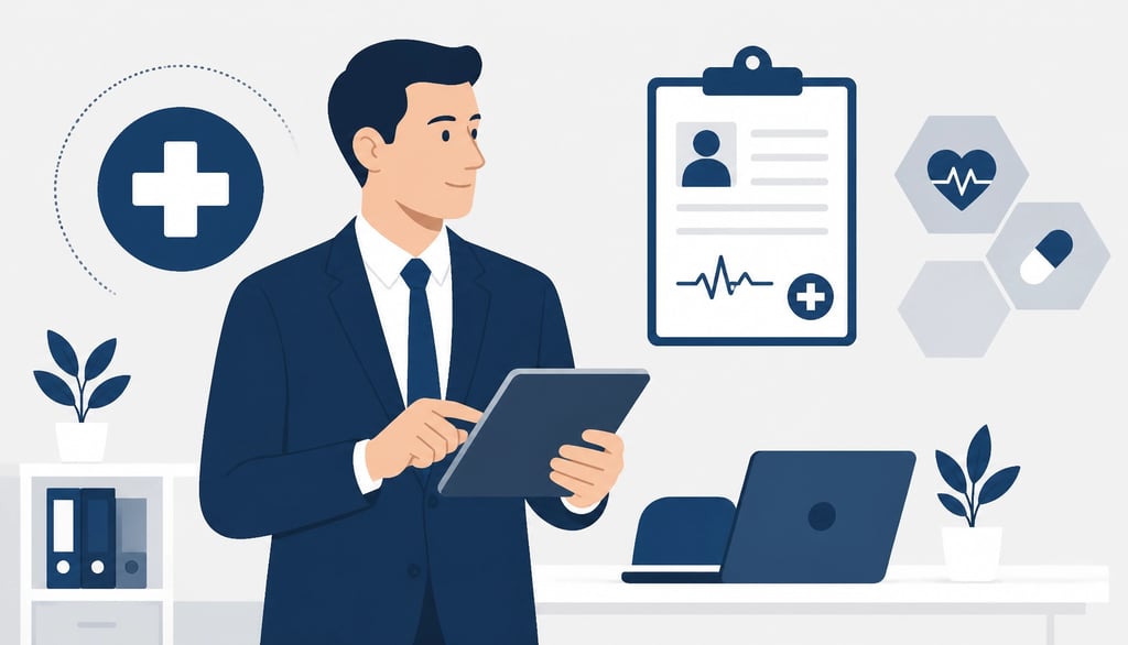 A professional flat-style vector illustration of a healthcare business leader reviewing clinical and