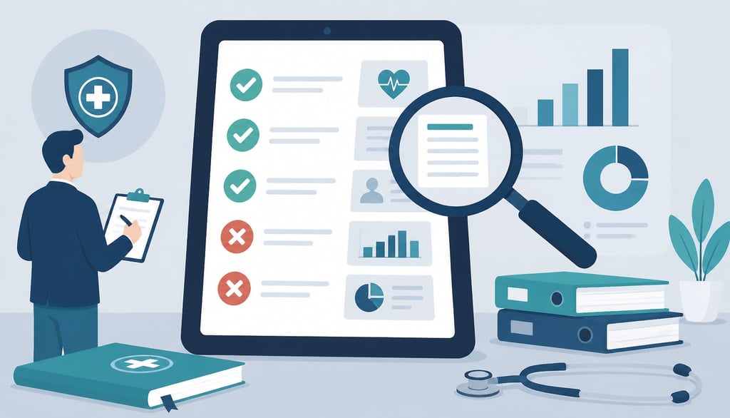 Flat-style vector illustration of a professional medical audit with a digital checklist and magnifyi