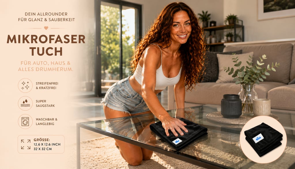 "Nahaufnahme eines MR.SIGA Mikrofasertuchs mit Wassertropfen zur Demonstration der super absorbieren
