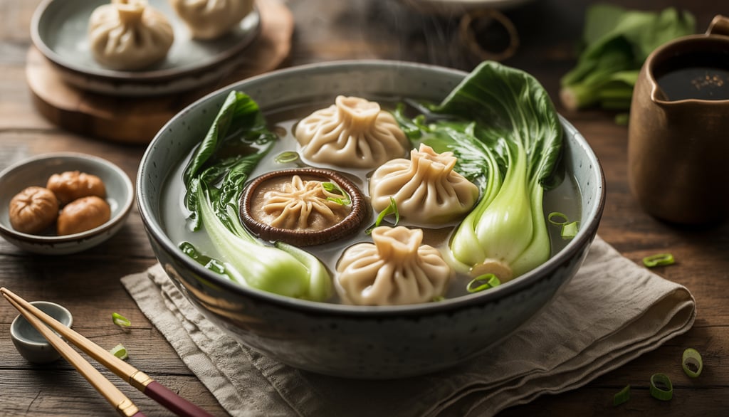 a bowl of soup with dumplings and dumplings