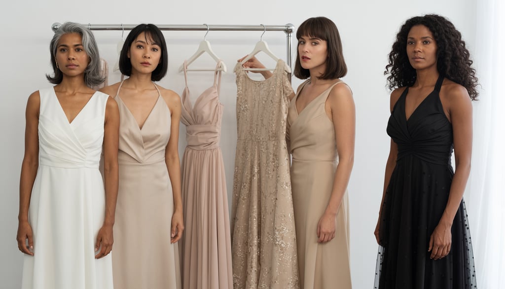 a group of women standing in front of a dress