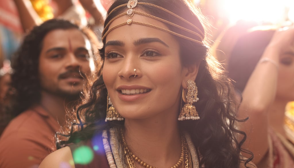 a woman in a headdress with a man in a red dress