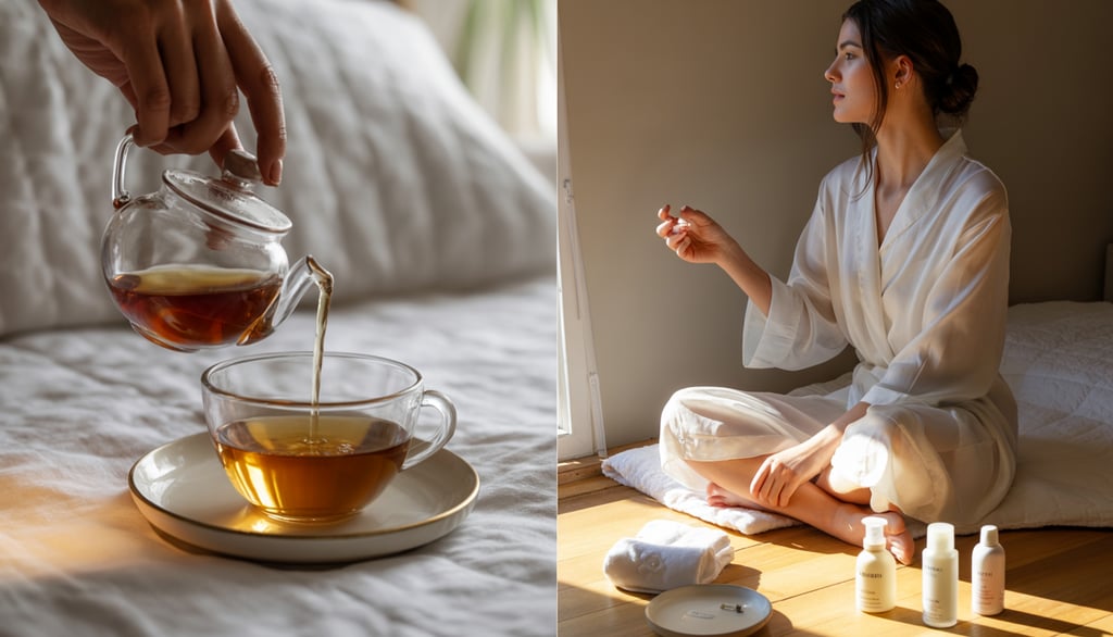 a woman in a robe is pouring tea into a cup
