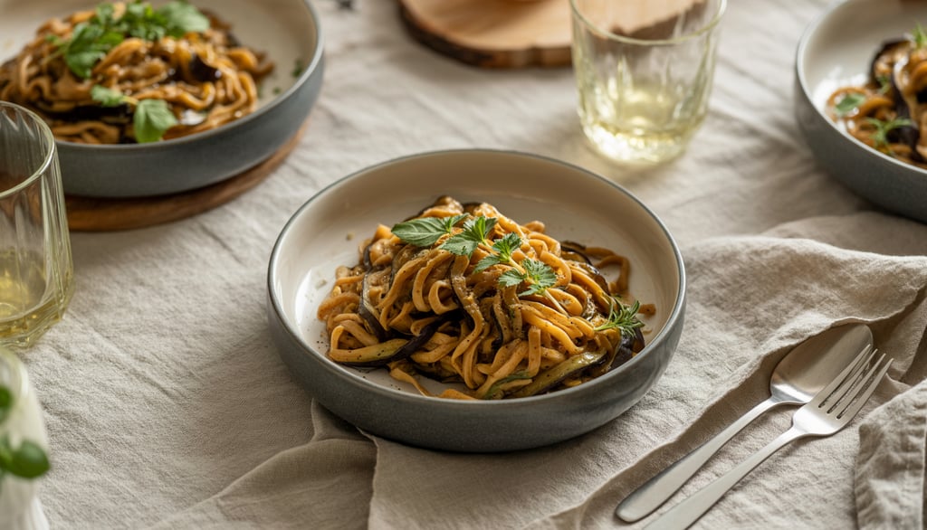 a table with a bowl of noodles and a glass of wine