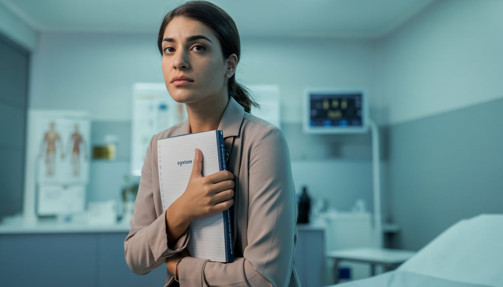 A concerned female patient holding a symptom journal in a modern medical clinic examination room.