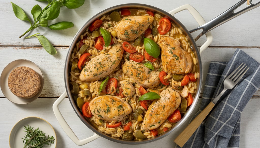 a pan of chicken with rice and vegetables