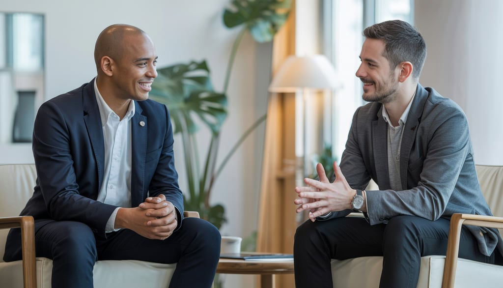 two men sitting in chairs talking to each other