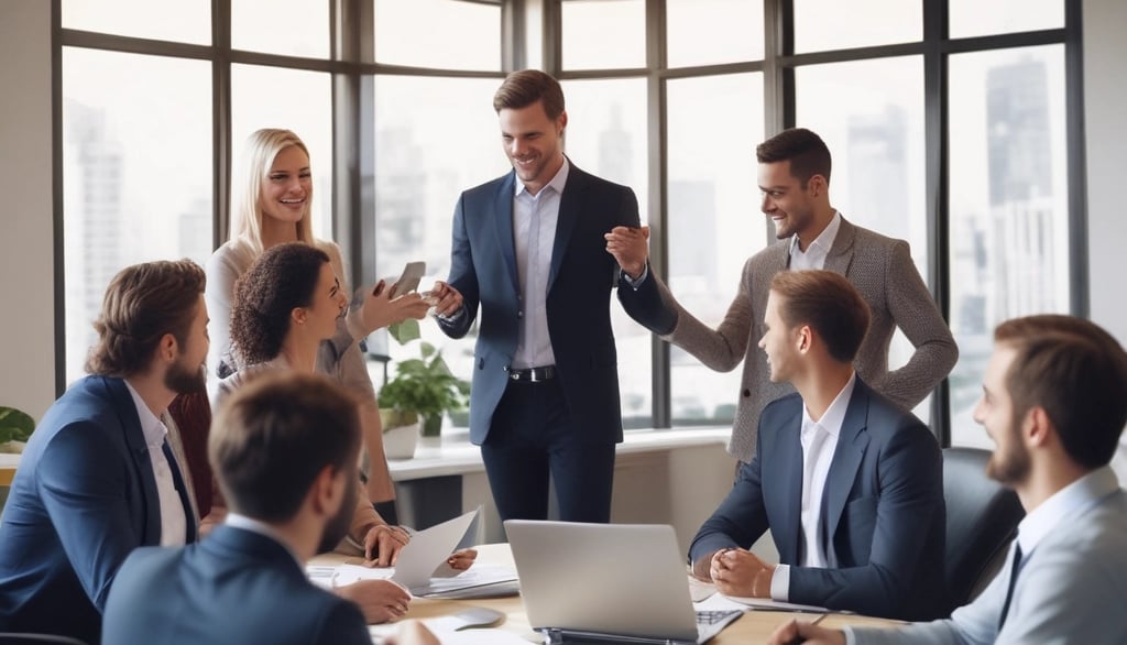 A man and a woman are collaborating in a modern office setting. The man, wearing a colorful sweater with a recognizable tech logo, is enthusiastically placing sticky notes on a whiteboard wall. The woman looks on thoughtfully. The room has a ceiling with fluorescent lighting, and there's a window in the background.