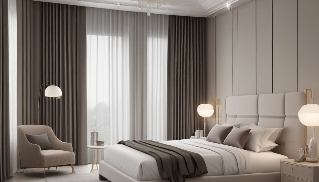 a bedroom with white walls and a large bed