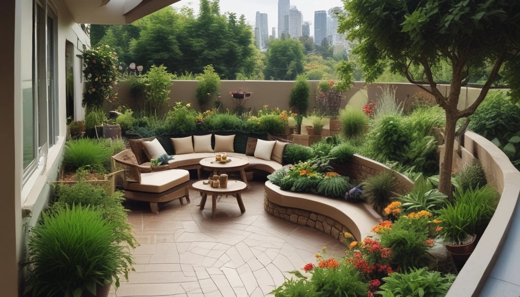 Pink wall with trees and buildings under blue sky.
