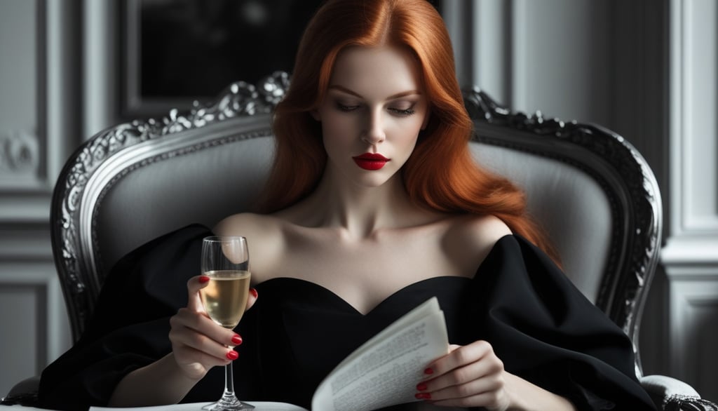 Elegant redhead woman in a black dress reading a book while holding a glass of white wine.