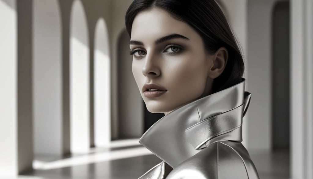 A high-fashion model wearing a metallic silver coat in a minimalist architectural setting.