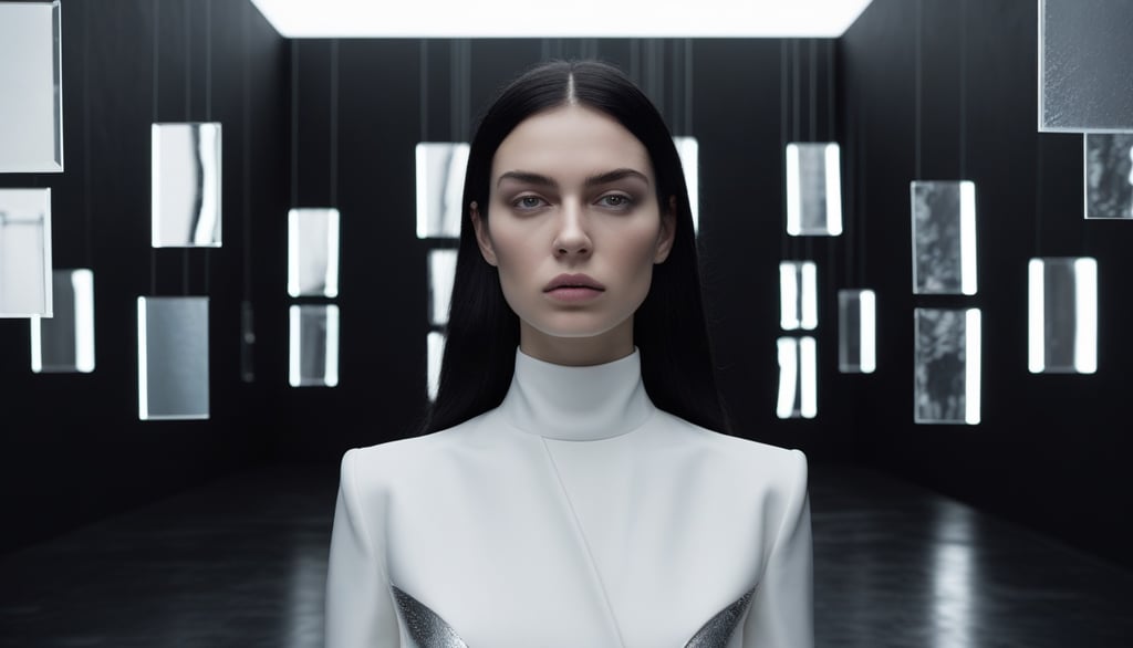 A woman in a futuristic white high-neck outfit posing in a dark room with hanging glowing panels.