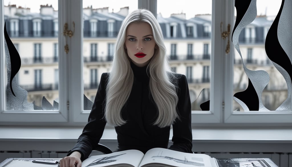 A blonde woman with red lipstick sits by a window with an open book and a view of Paris buildings.