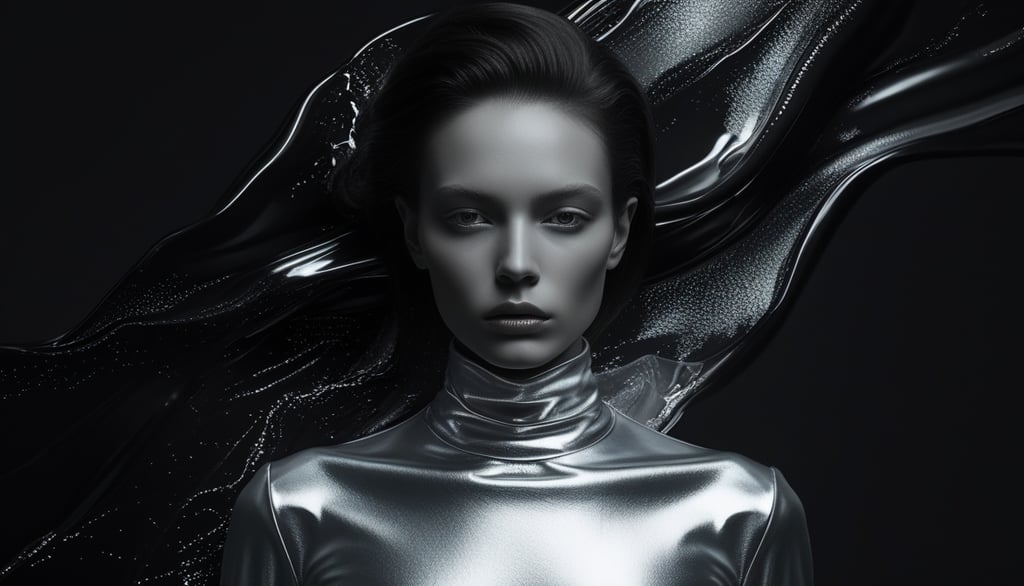 Elegant woman in metallic silver turtleneck against a flowing black liquid background.
