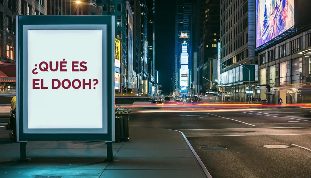 Cartel publicitario exterior con texto interior que indica "¿Qué es el DOOH?"
