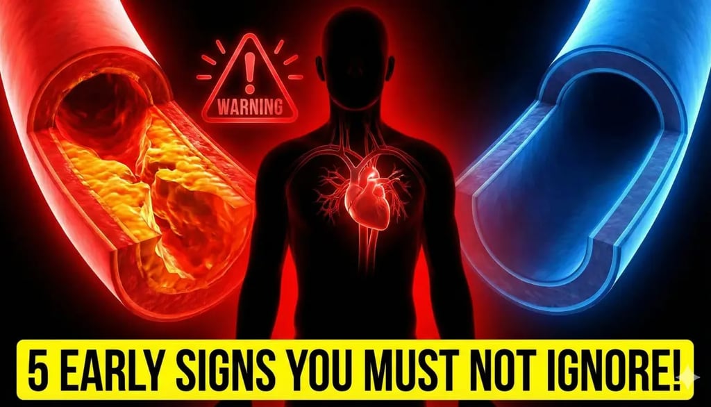 Early plaque buildup in arteries shown in a medical cross-section for heart disease awareness.