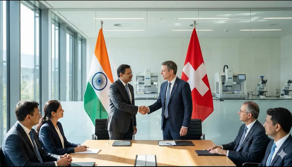 India–Switzerland officials discussing major pharma and biotech collaboration in a formal meeting.