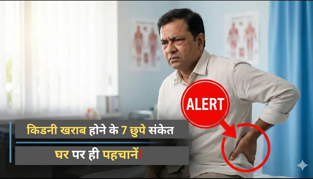 Indian man showing early kidney disease signs with eye puffiness and lower-back discomfort.