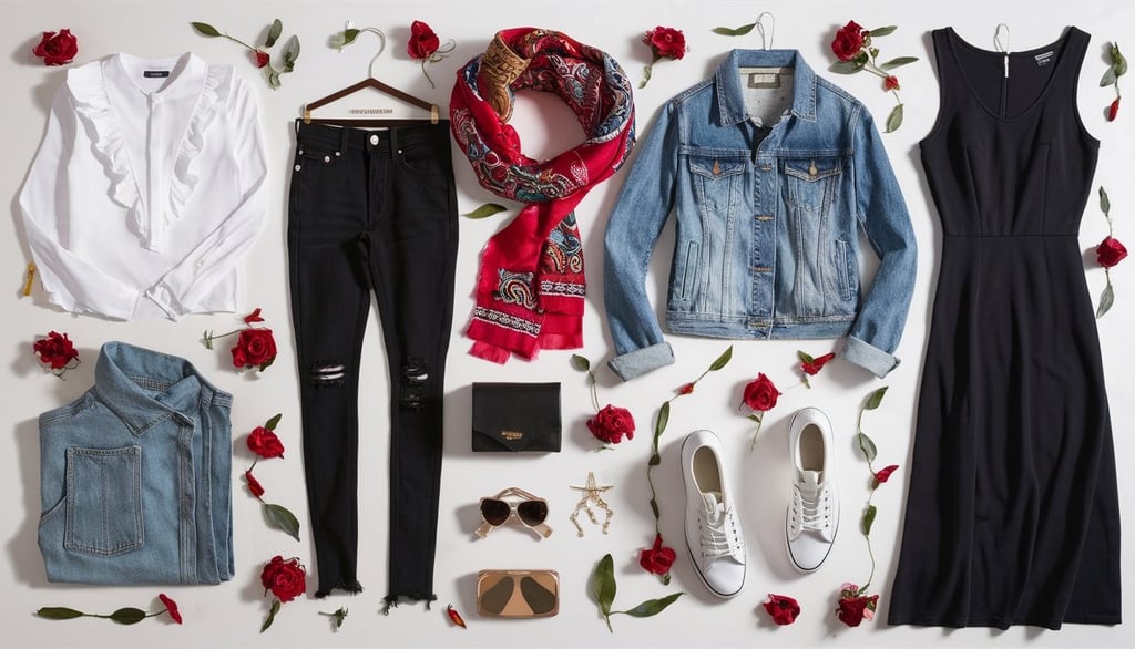 a variety of clothes and accessories for a woman's wardrobe