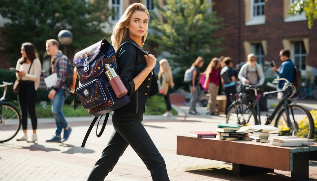 a woman walking down a sidewalk with a backpack