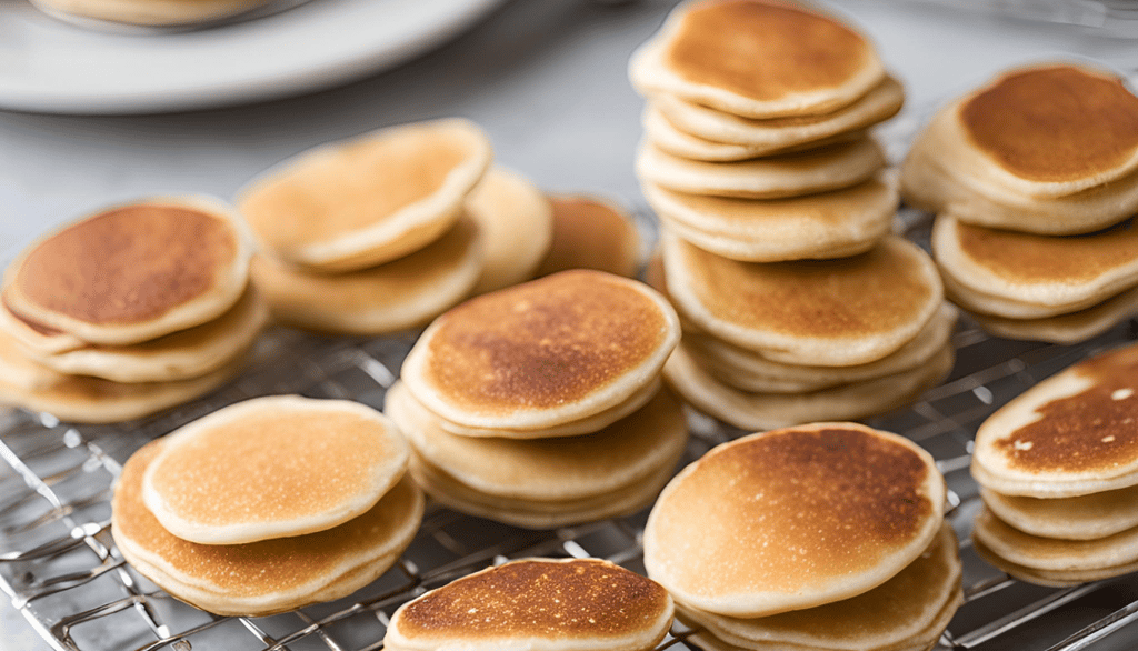 a bunch of poffertjes, mini pancakes on a wire rack