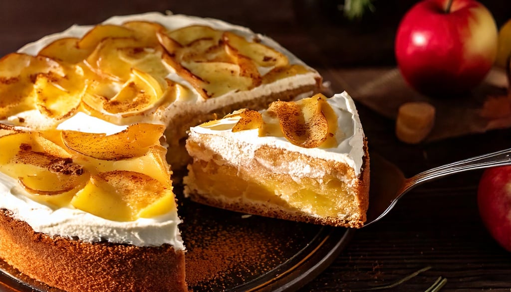 apfelweintorte, anschnitt, man sieht den boden, die füllung und die sahnedecke + deko mit zimt