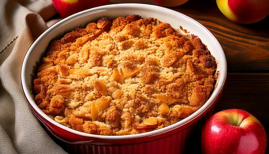 a dish of apple crumble with a delicious crust