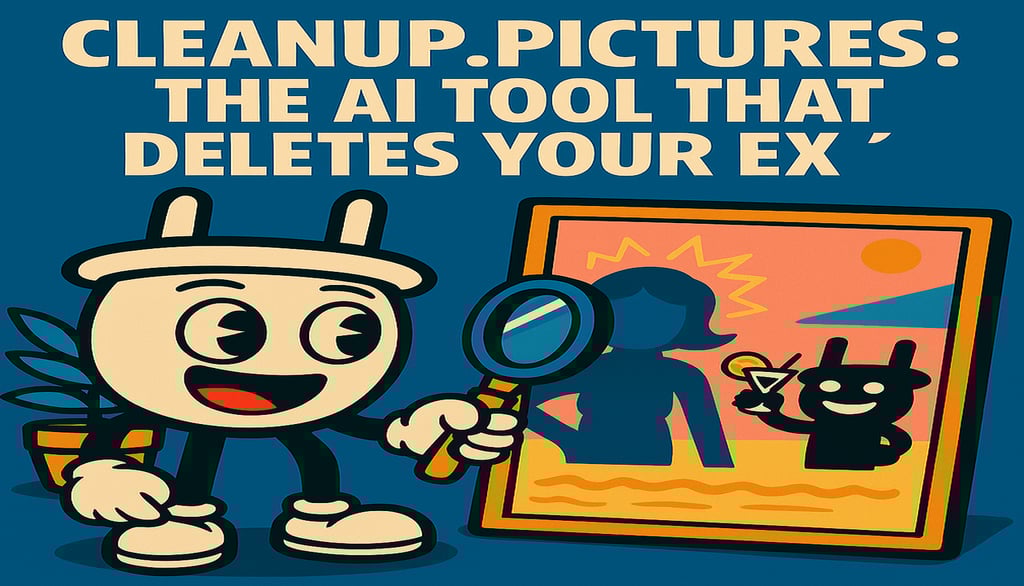 Cartoon-style illustration of Plugsy, a cheerful plug character, using a magnifying glass to erase a