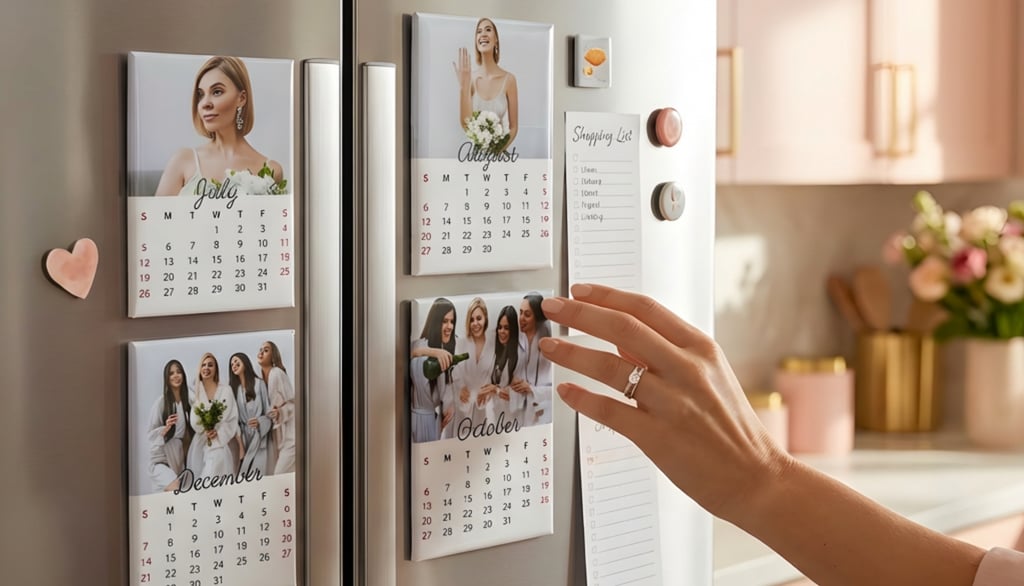 Multiple personalized 2026 magnetic photo calendars displayed together on a refrigerator for monthly planning