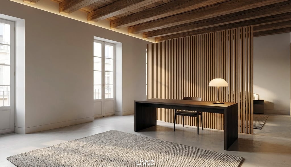 Minimalistisches Home Office mit Holzlamellenwand und Holzbalkendecke