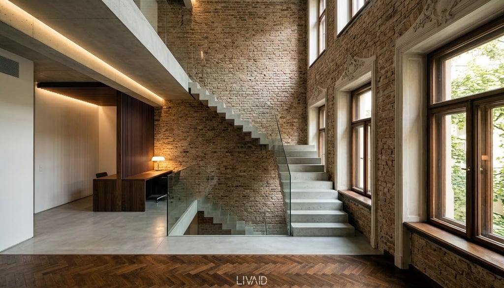 Moderne Betontreppe in saniertem Altbau mit Sichtmauerwerk