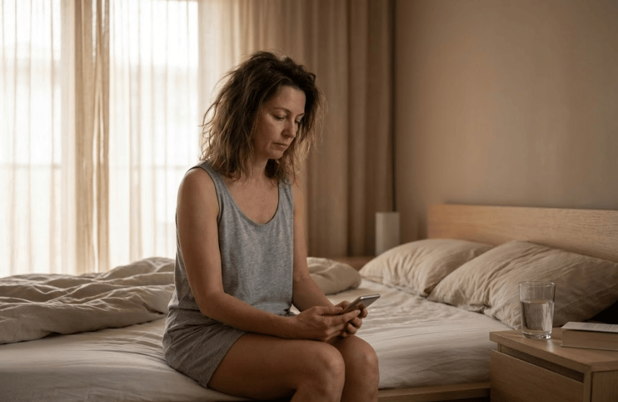 Woman in her 40s reading on her phone in the morning — searching for answers about perimenopause symptoms