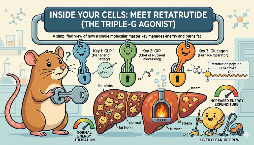 Diagram showing Retatrutide triple-G agonist mechanism for weight loss and liver health in a lab mouse model.