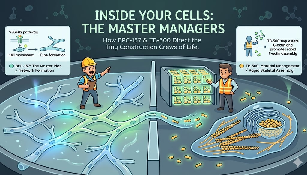 Diagram showing how BPC-157 and TB-500 peptides regulate cell movement, network formation, and F-actin assembly.