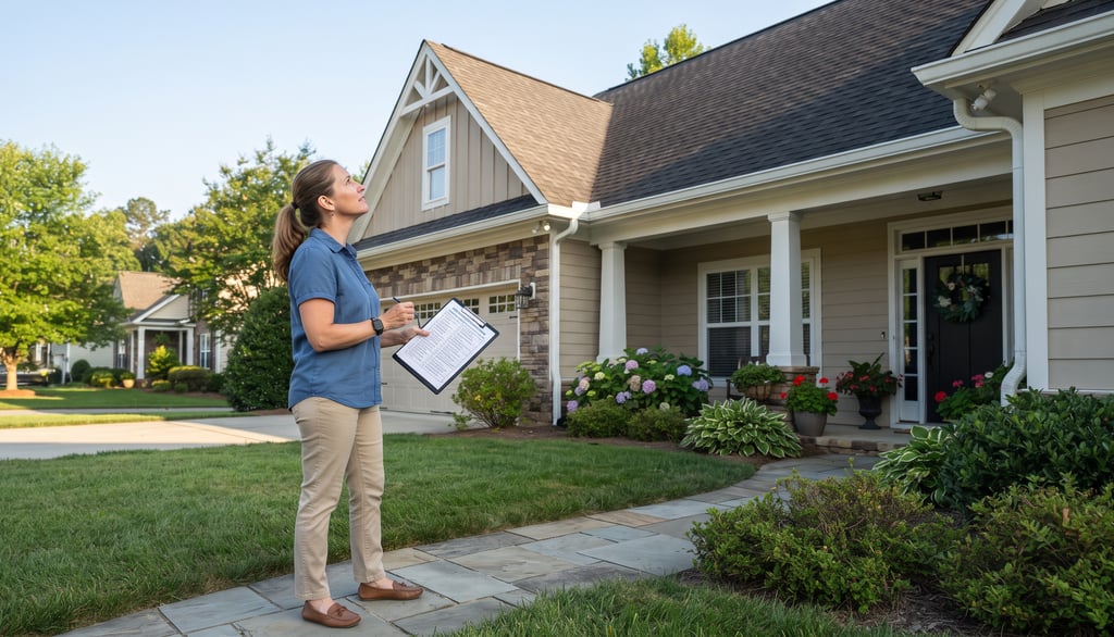Homeowner standing outside a well‑kept suburban house, holding a clipboard checklist