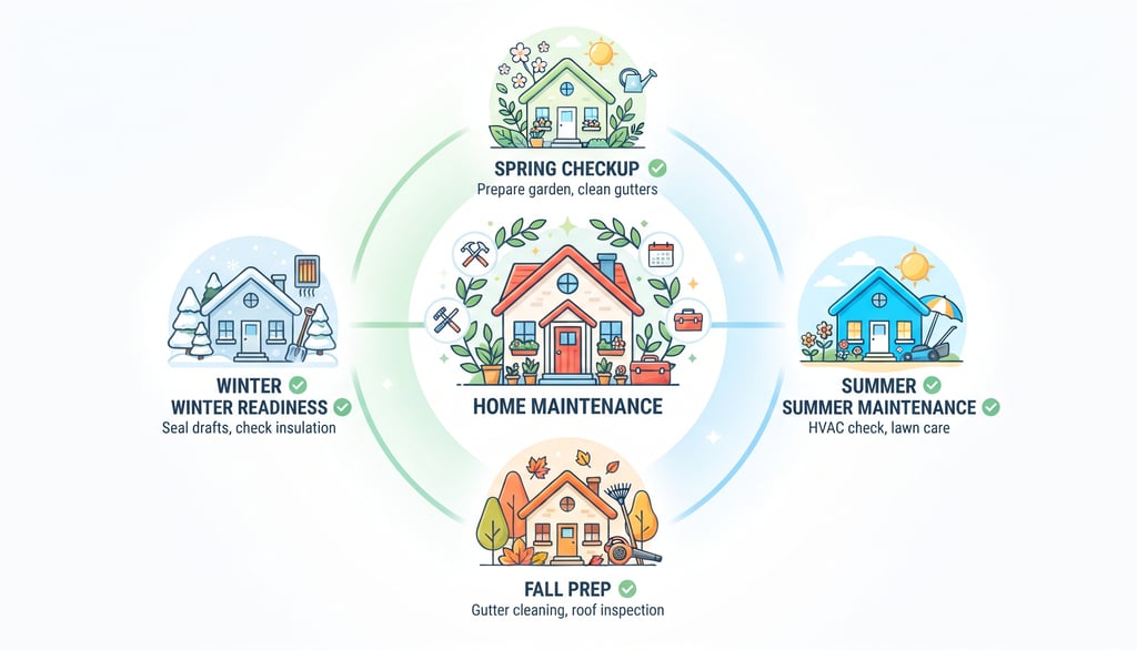 Illustrated hero image showing four small house icons for spring, summer, fall, winter