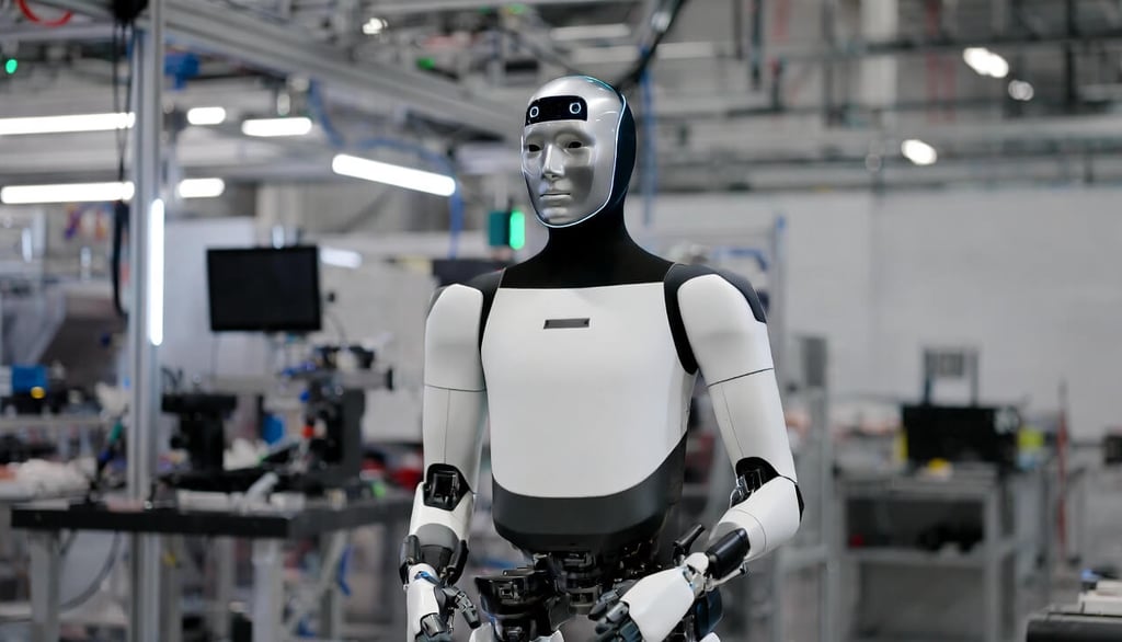"Futuristic Tesla Optimus humanoid robot walking in factory 2026, Elon Musk vision for AI-powered as