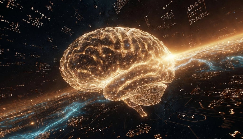 Glowing golden neural brain made of light nodes and data streams floating in a dark cosmic backgroun