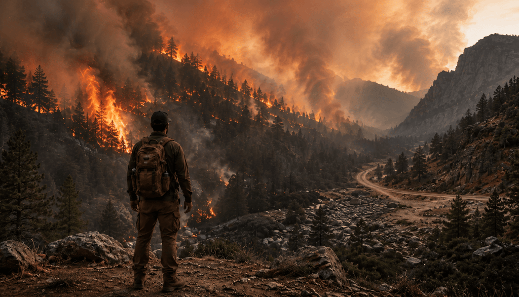 A man with a backpack watches a massive forest wildfire burning through trees in a mountain valley.