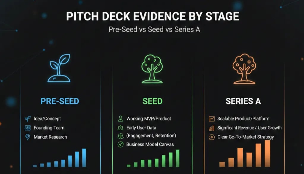 Pitch Deck Evidence by Stage: Pre-Seed vs Seed vs Series A