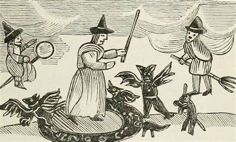 Vintage woodcut illustration of witches flying on broomsticks and conjuring winged demons and familiars.