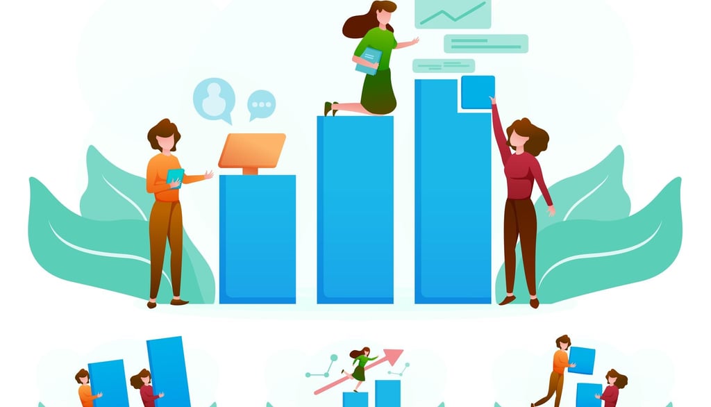 Business team analyzing growth data on bar charts and graphs for corporate strategy.