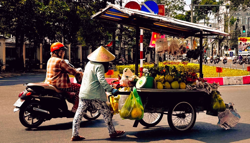 Soc Trang City street scene with fruit seller and a woman on a motorbike
