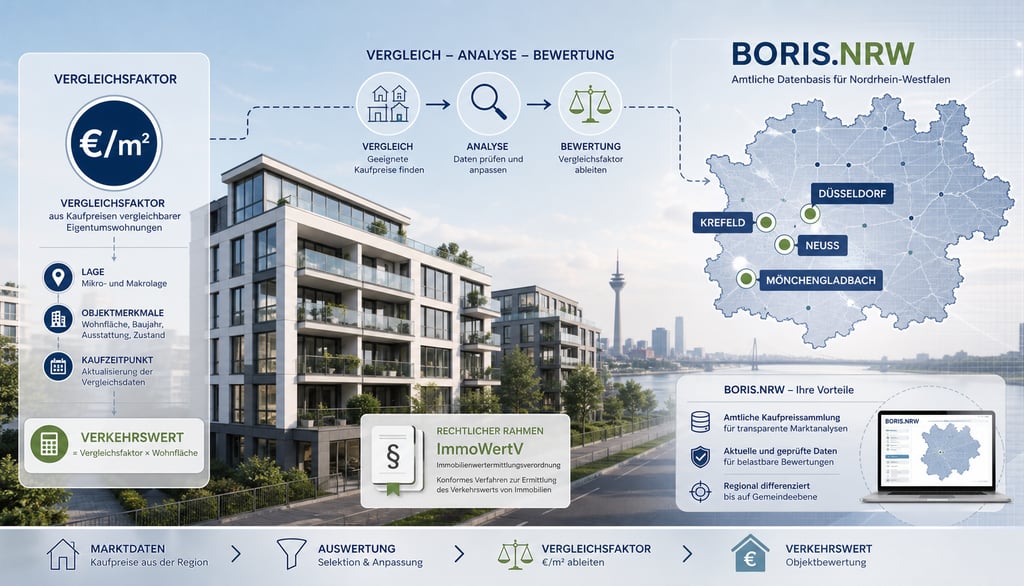 Stilisierte Fachgrafik zur Immobilienbewertung von Eigentumswohnungen in NRW mit Vergleichsfaktoren