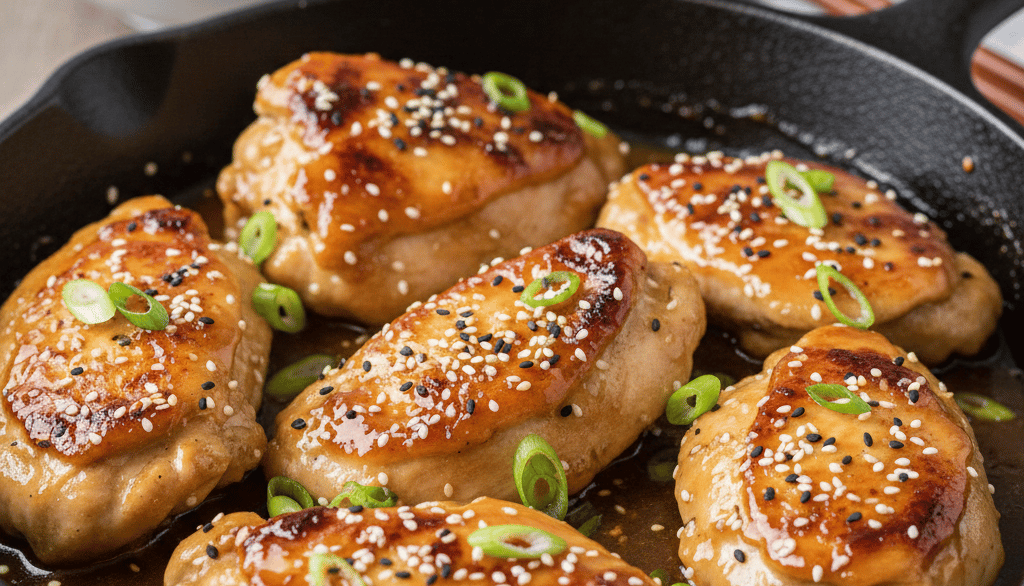 “Honey soy chicken cooked in a pan with a glossy sauce, garnished with sesame seeds and spring onion